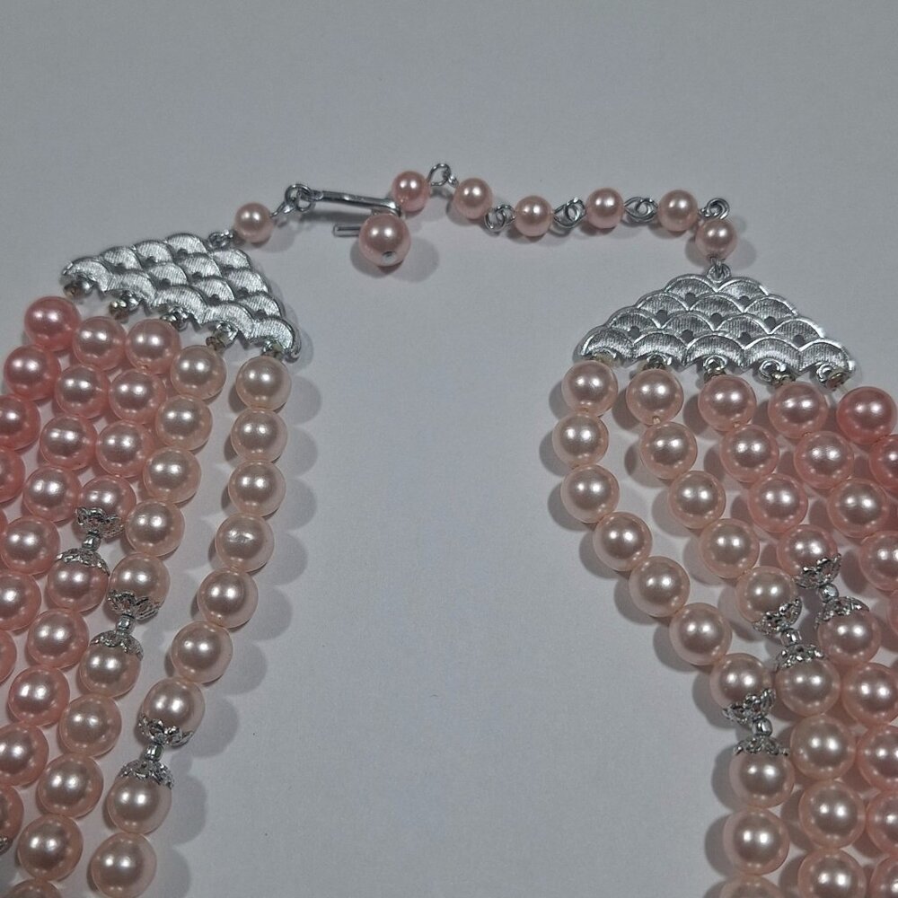 Vintage Japan 5 Strand Multi Pink Ombre Faux Pearl AB Crystal Necklace 15-18" - Picture 5 of 12